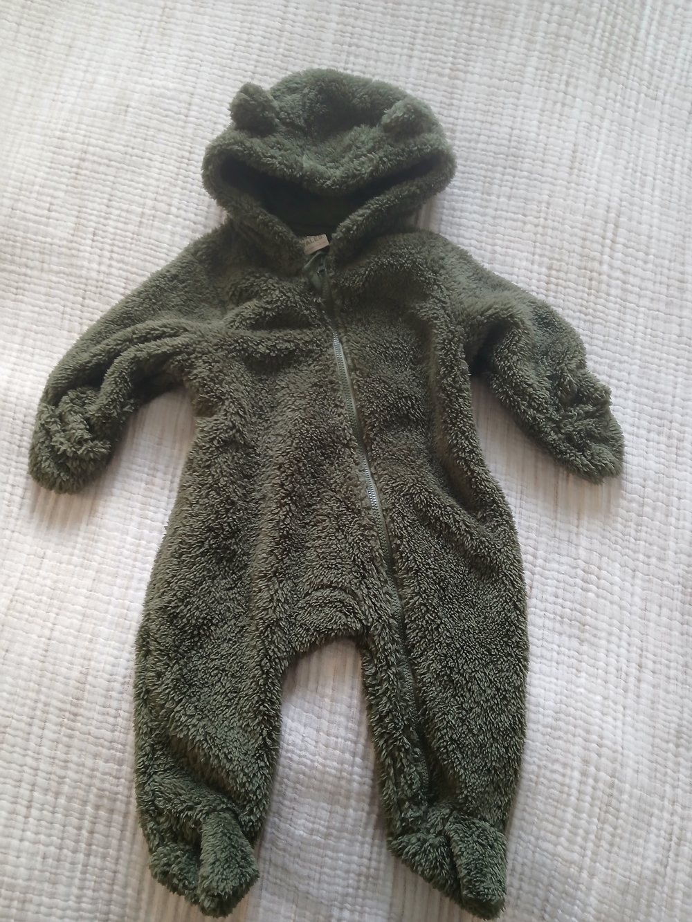 Plush Olive Green Baby Footed One-Piece with Hood